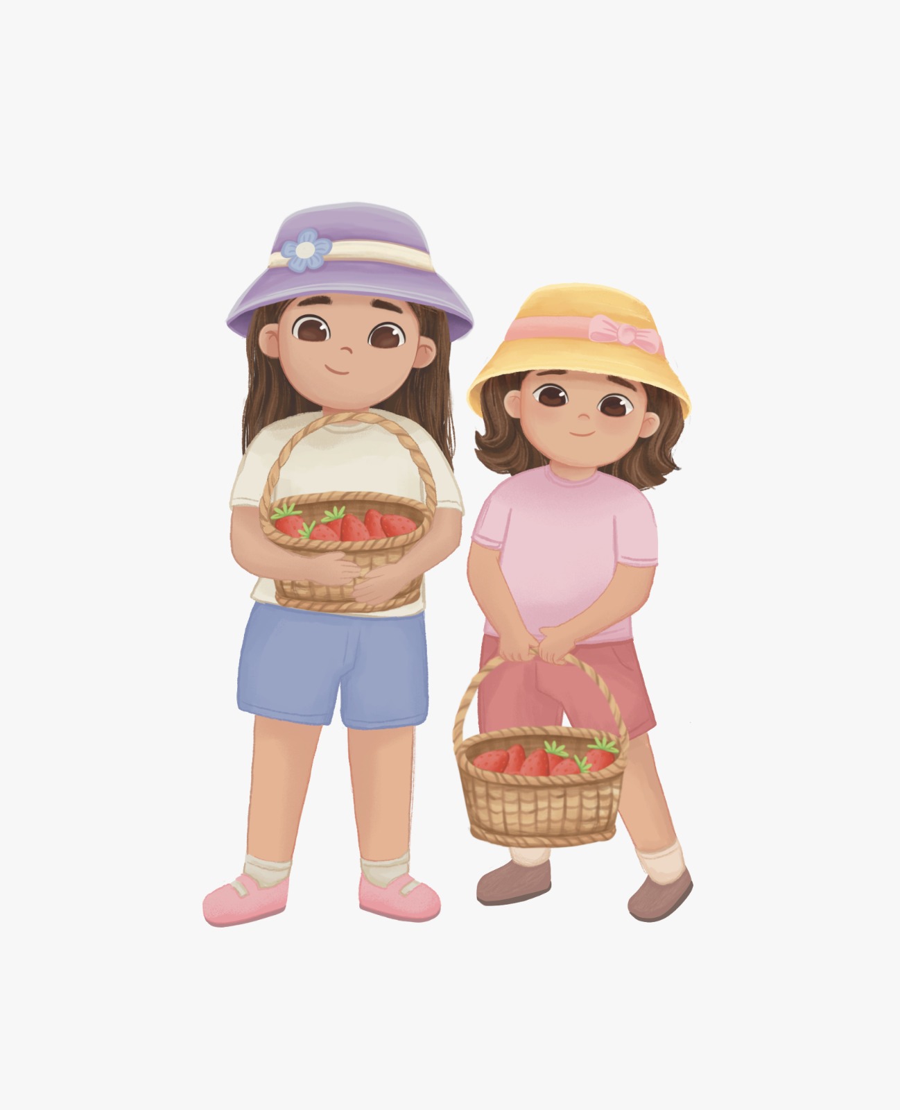 Kayla and Audrey holding baskets of strawberries